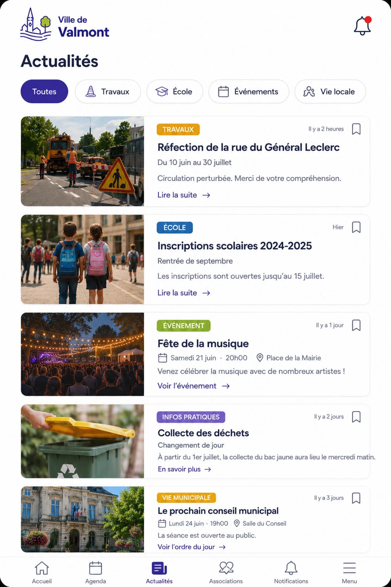 Fil d’actualités municipal clair et institutionnel